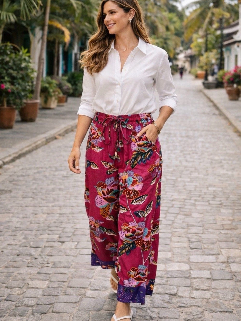 Anthropologie Magenta Floral Drawstring Cropped Pants